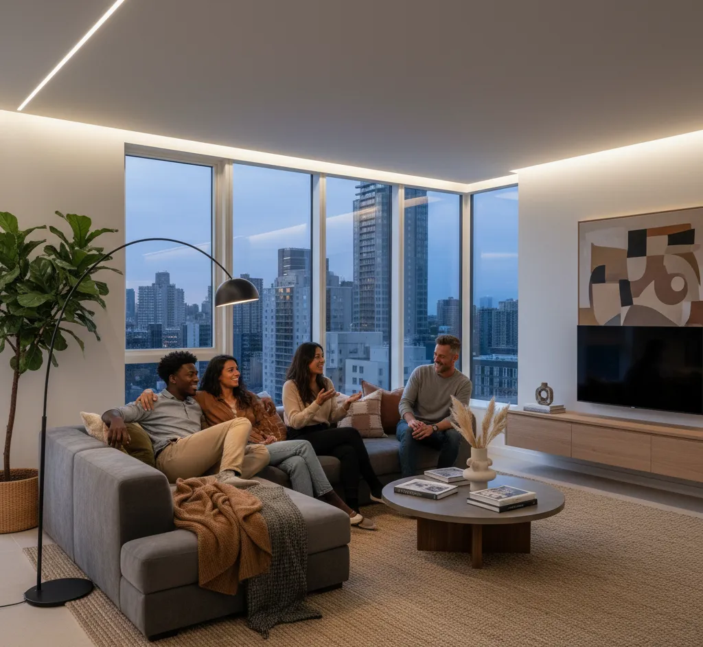 Famille réunie sur un canapé d’angle convivial