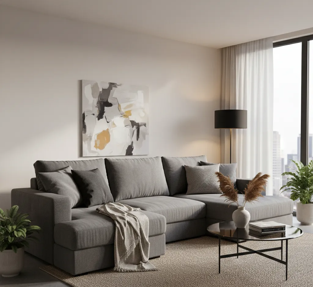 Canapé en polyester gris dans un intérieur contemporain