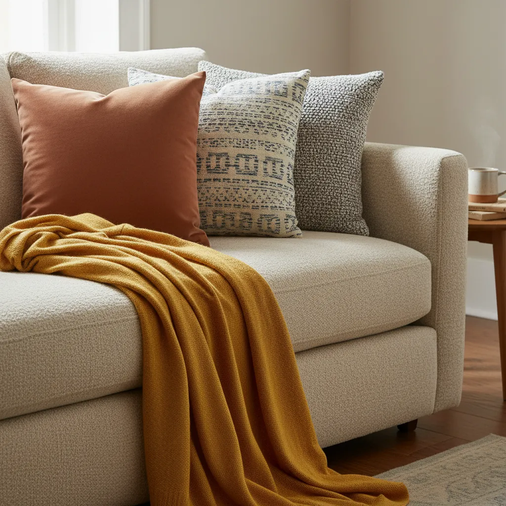 Gros plan sur un canapé en tissu avec coussins