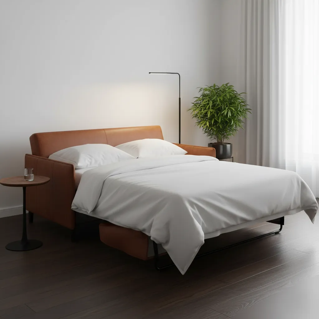 Canapé-lit en cuir élégant déplié