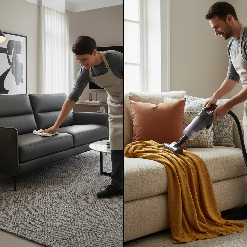 Personne nettoyant un canapé : essuyer le cuir ou aspirer le tissu.