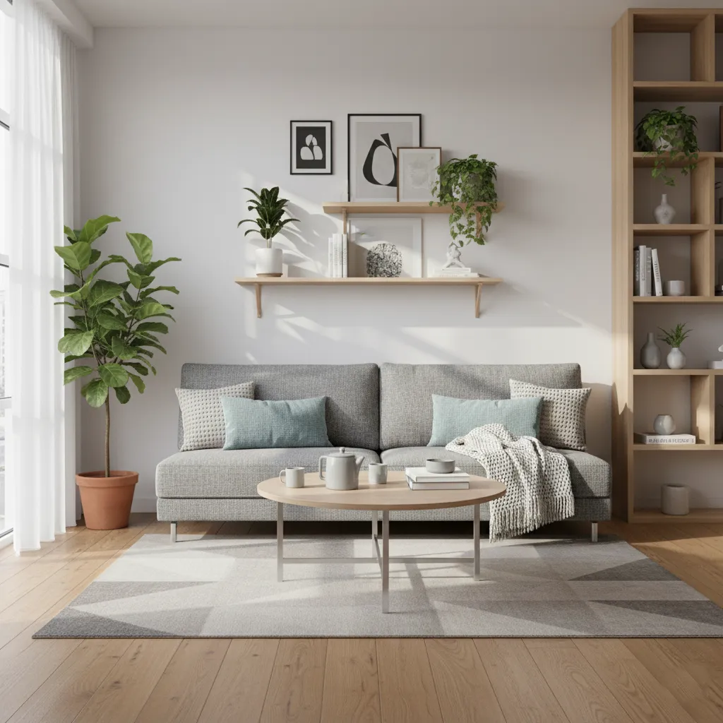 Petit salon avec un canapé clic-clac et décoration minimaliste