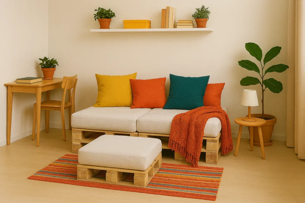 Banquette étudiante en palettes avec coussins