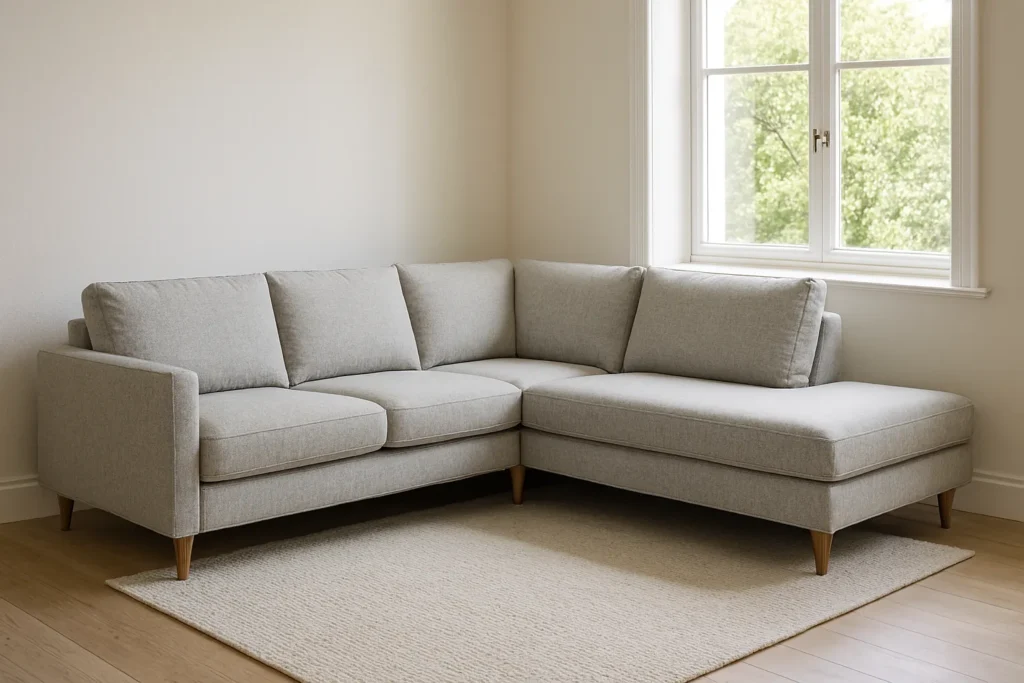 Canapé d’angle gris clair optimisant un coin de salon