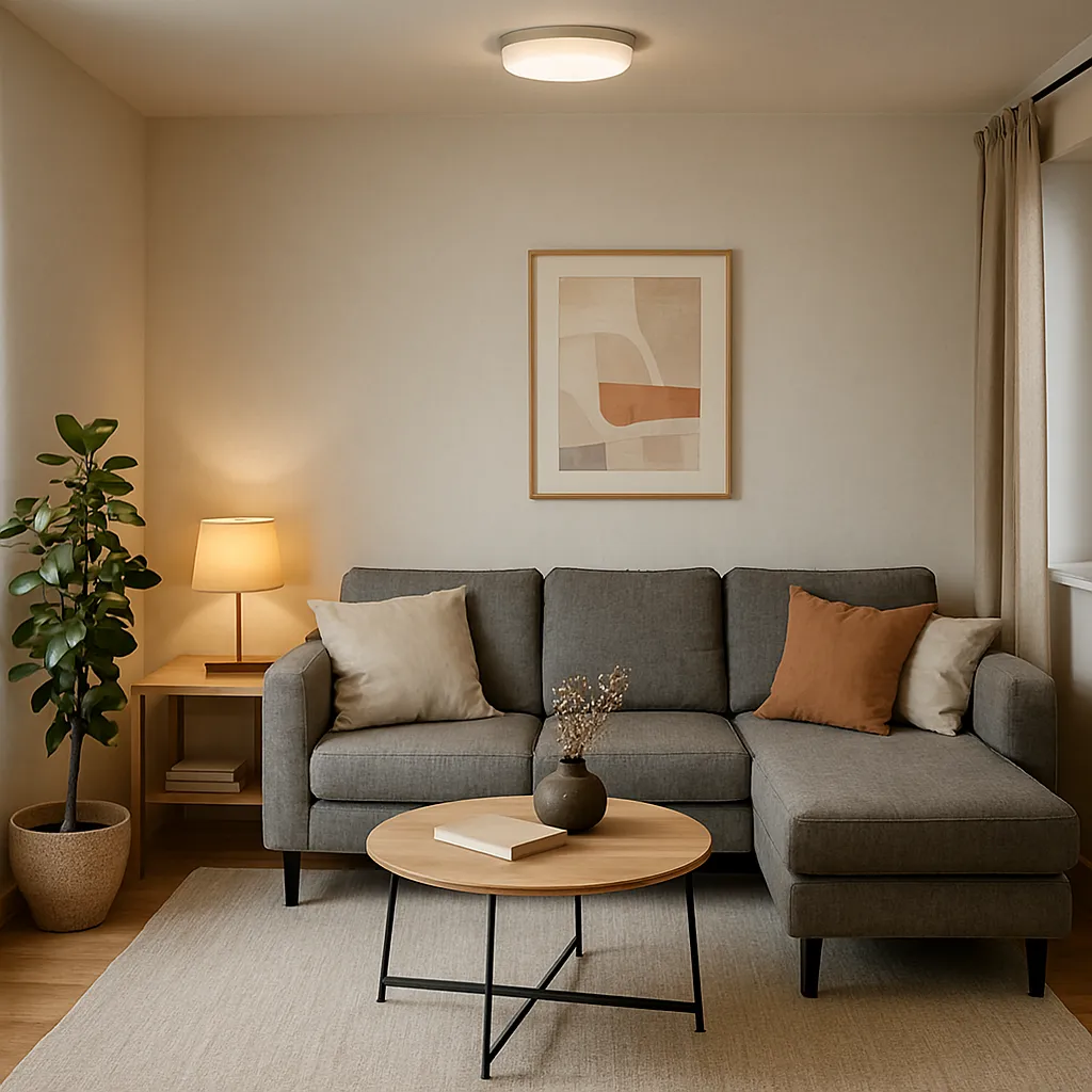 Petit salon moderne et accueillant avec canapé d’angle