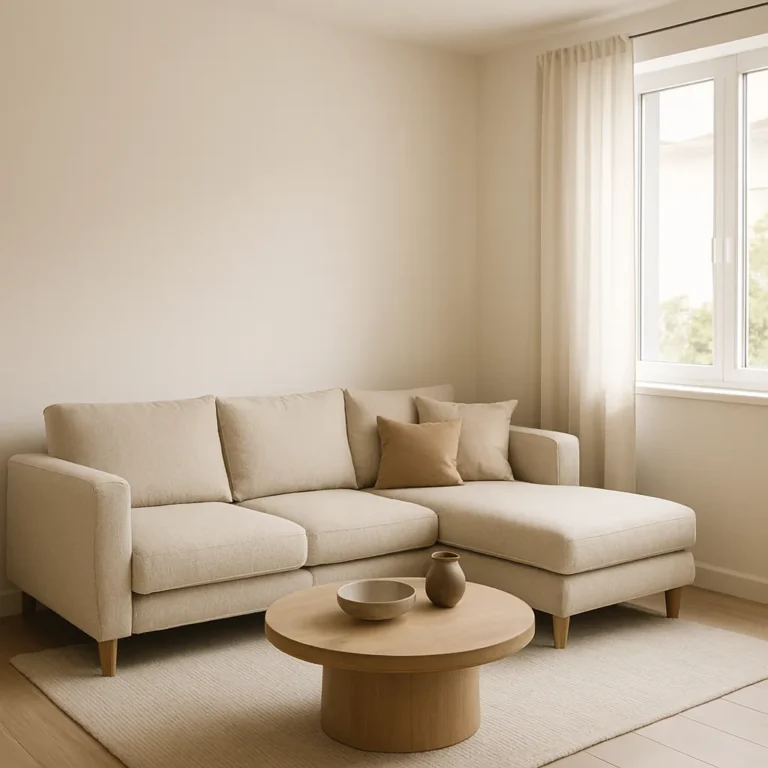 Petit salon cosy avec canapé d’angle beige compact