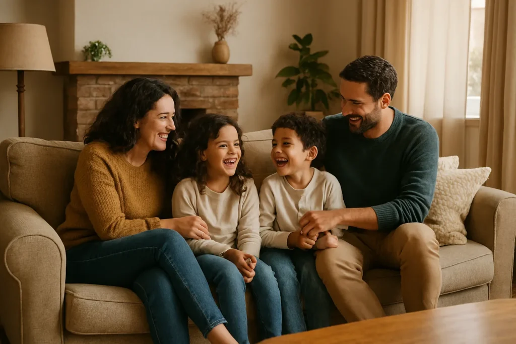 Salon cosy avec canapé familial accueillant toute la famille