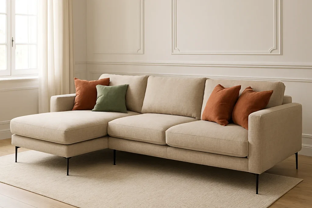 Canapé d’angle beige avec coussins colorés
