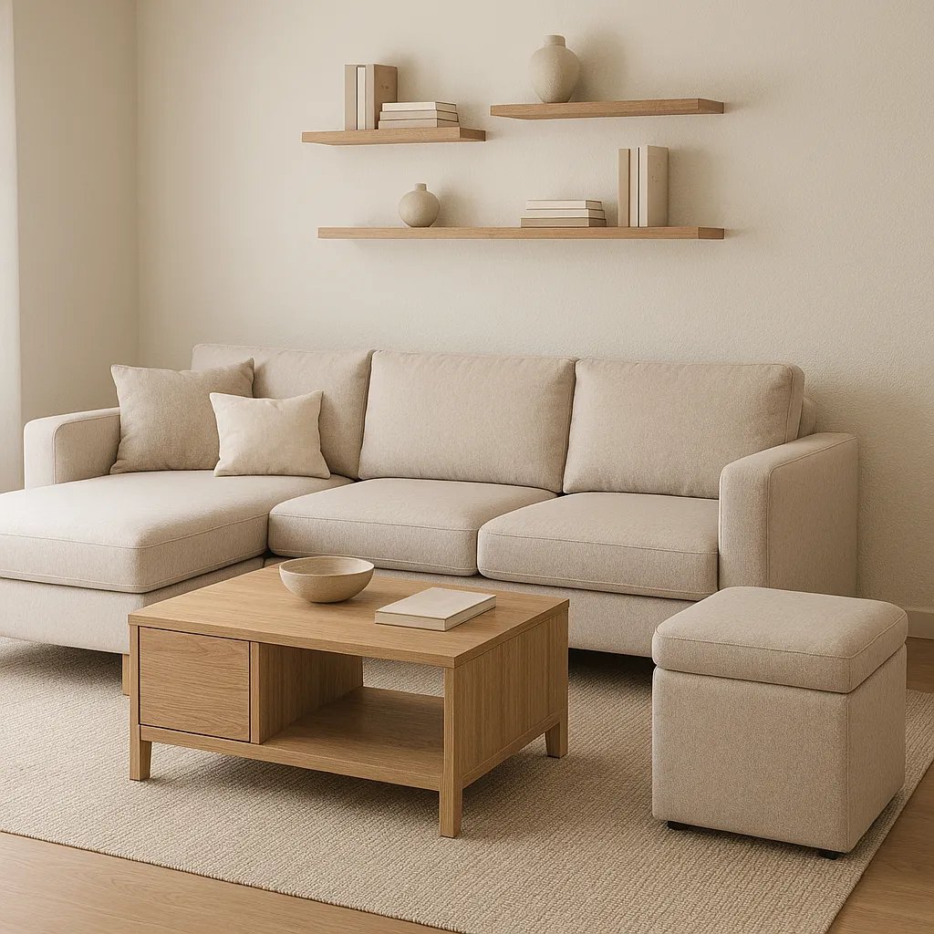 Petit salon avec meubles polyvalents et canapé d’angle