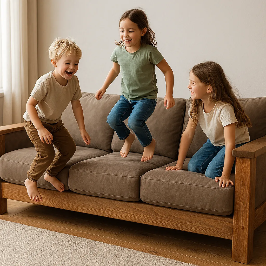 Canapé familial robuste en bois massif et tissu résistant