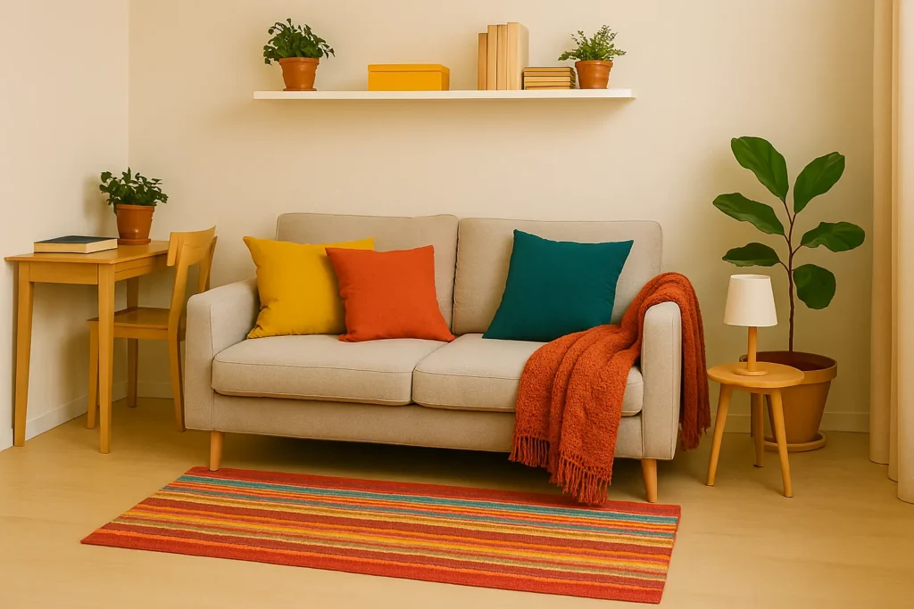 Canapé étudiant décoré avec coussins et plaid