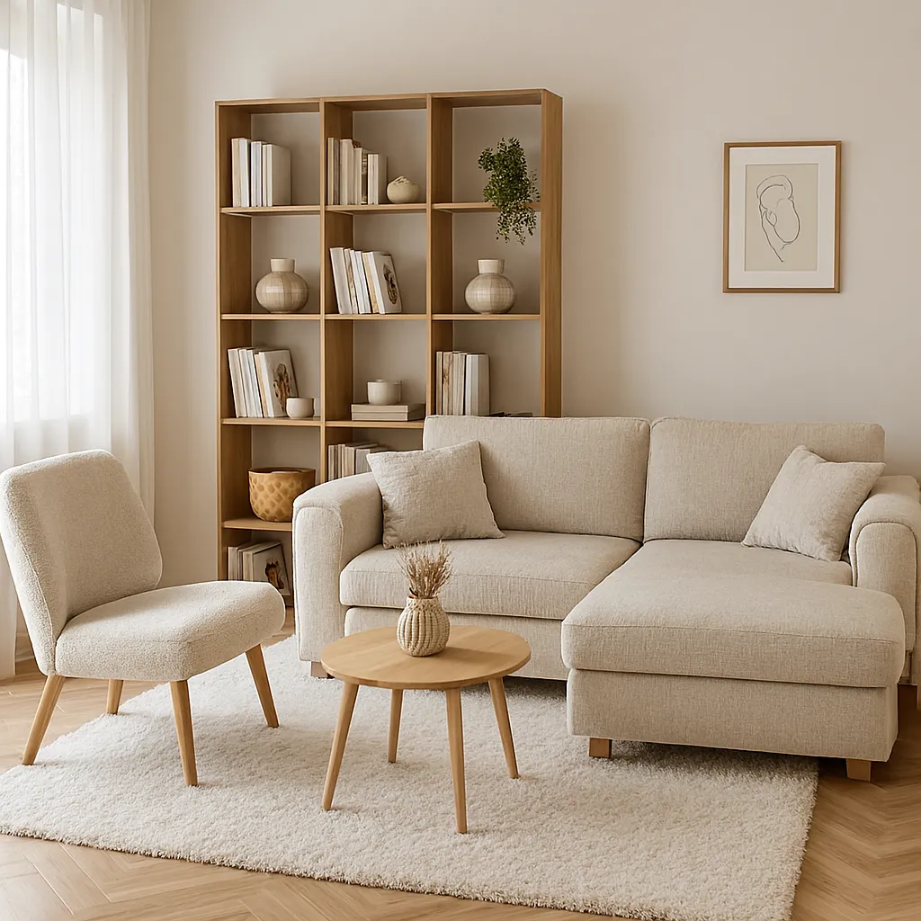 Petit salon structuré avec tapis et bibliothèque ouverte
